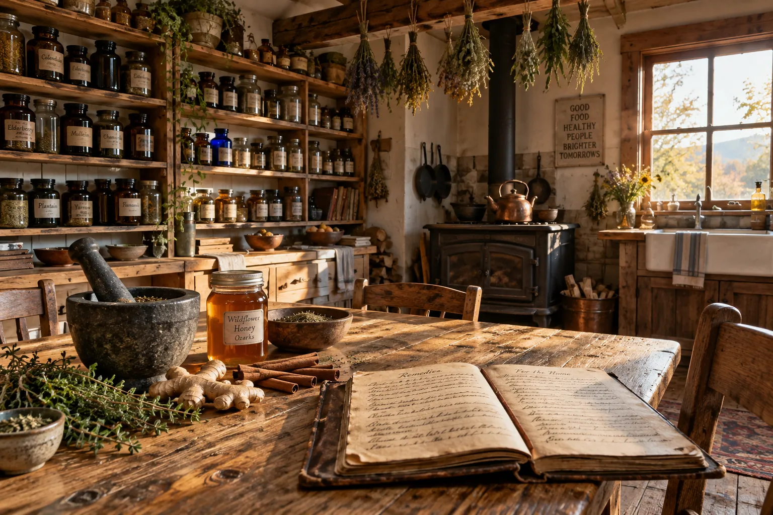 Homestead kitchen with jar wall and the family remedy ledger