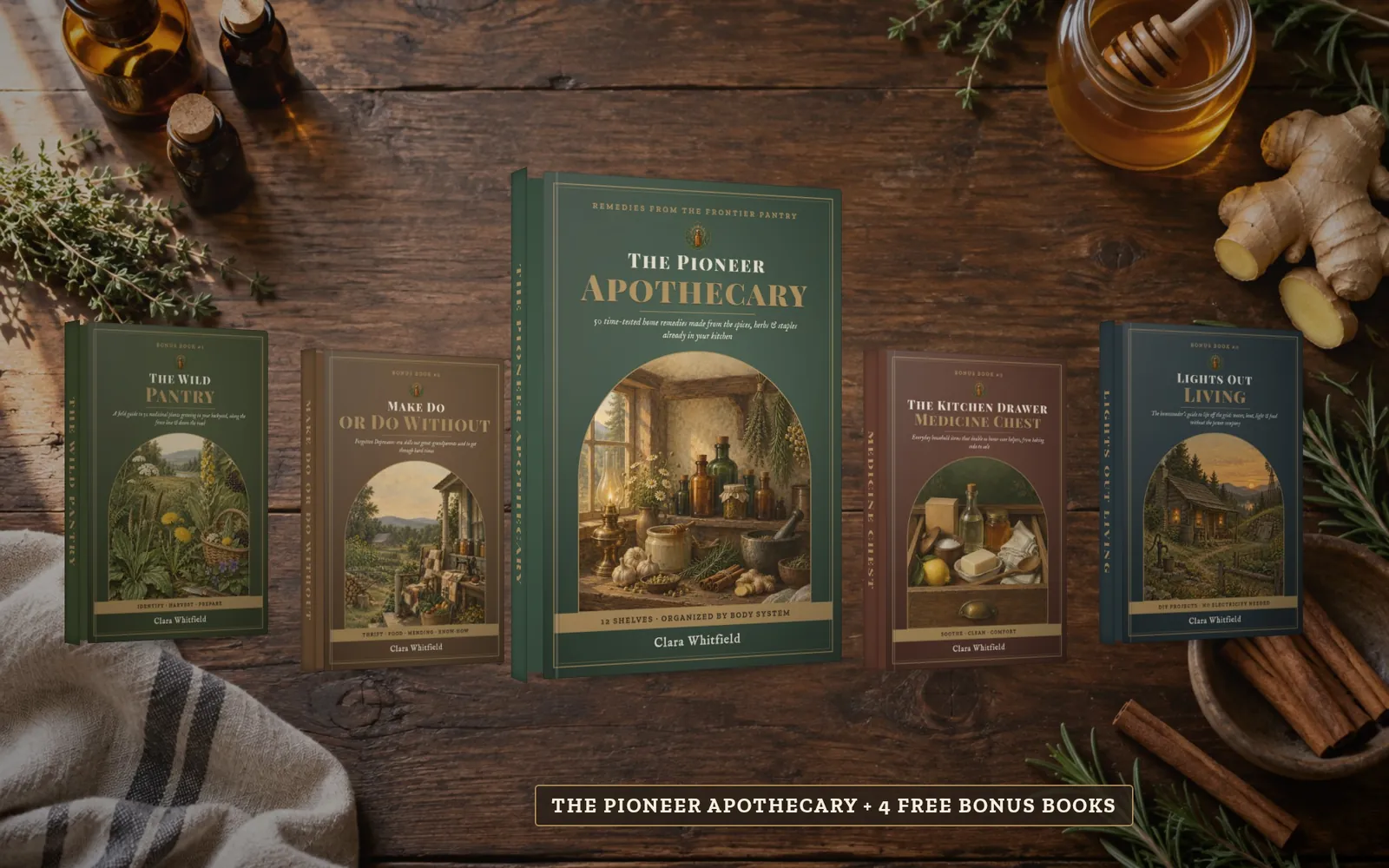 The Pioneer Apothecary and four bonus books, shown printed