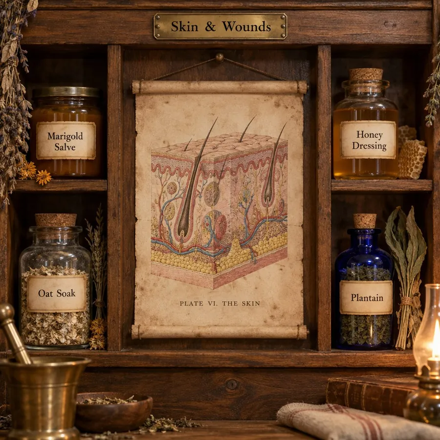 Apothecary shelf for Skin & Wounds remedies